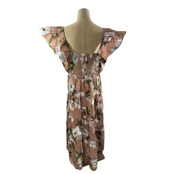 "EXPRESS" Women's Tan Magnolia Floral Maxi Prairie Dress Ruched SZ XL Cowgirl - Picture 3 of 12